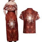 New Zealand Matariki Pohutukawa Couples Matching Off Shoulder Maxi Dress and Hawaiian Shirt Maori Moko Red Galaxy