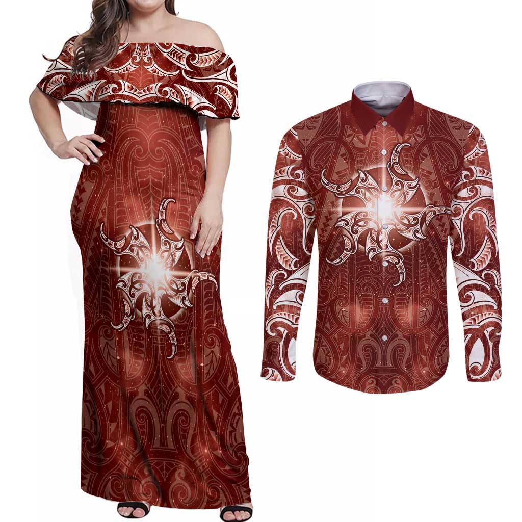 New Zealand Matariki Pohutukawa Couples Matching Off Shoulder Maxi Dress and Long Sleeve Button Shirt Maori Moko Red Galaxy