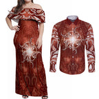 New Zealand Matariki Pohutukawa Couples Matching Off Shoulder Maxi Dress and Long Sleeve Button Shirt Maori Moko Red Galaxy