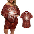 New Zealand Matariki Pohutukawa Couples Matching Off Shoulder Short Dress and Hawaiian Shirt Maori Moko Red Galaxy