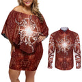 New Zealand Matariki Pohutukawa Couples Matching Off Shoulder Short Dress and Long Sleeve Button Shirt Maori Moko Red Galaxy
