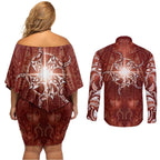 New Zealand Matariki Pohutukawa Couples Matching Off Shoulder Short Dress and Long Sleeve Button Shirt Maori Moko Red Galaxy