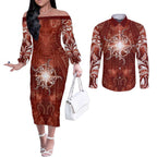 New Zealand Matariki Pohutukawa Couples Matching Off The Shoulder Long Sleeve Dress and Long Sleeve Button Shirt Maori Moko Red Galaxy