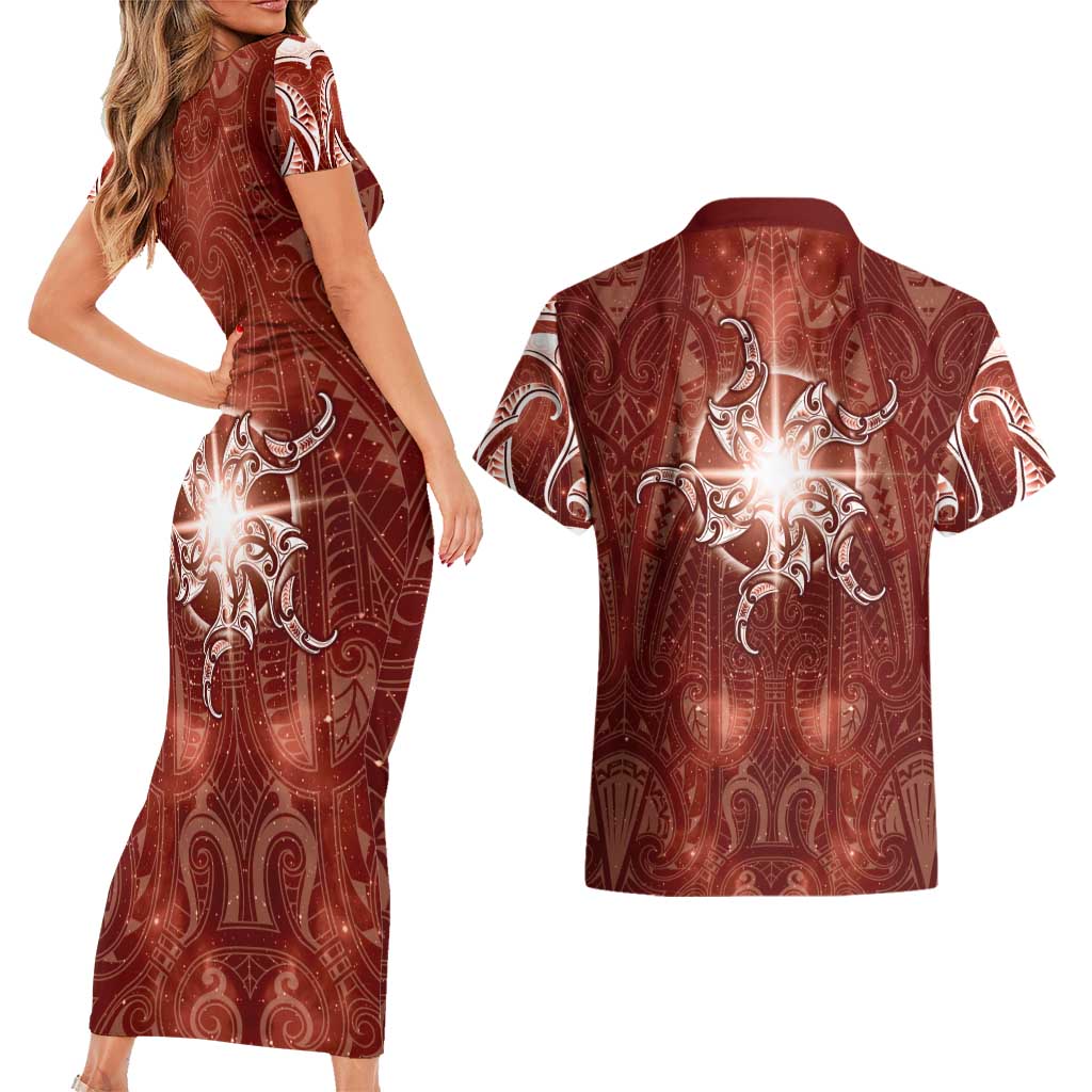 New Zealand Matariki Pohutukawa Couples Matching Short Sleeve Bodycon Dress and Hawaiian Shirt Maori Moko Red Galaxy