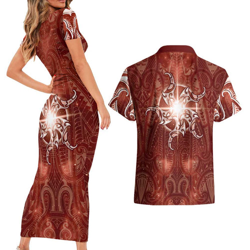 New Zealand Matariki Pohutukawa Couples Matching Short Sleeve Bodycon Dress and Hawaiian Shirt Maori Moko Red Galaxy