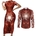 New Zealand Matariki Pohutukawa Couples Matching Short Sleeve Bodycon Dress and Long Sleeve Button Shirt Maori Moko Red Galaxy