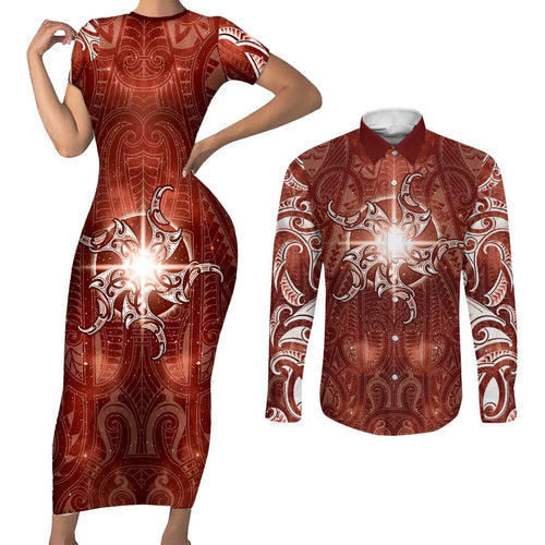 New Zealand Matariki Pohutukawa Couples Matching Short Sleeve Bodycon Dress and Long Sleeve Button Shirt Maori Moko Red Galaxy