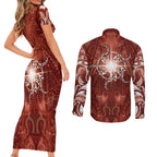 New Zealand Matariki Pohutukawa Couples Matching Short Sleeve Bodycon Dress and Long Sleeve Button Shirt Maori Moko Red Galaxy