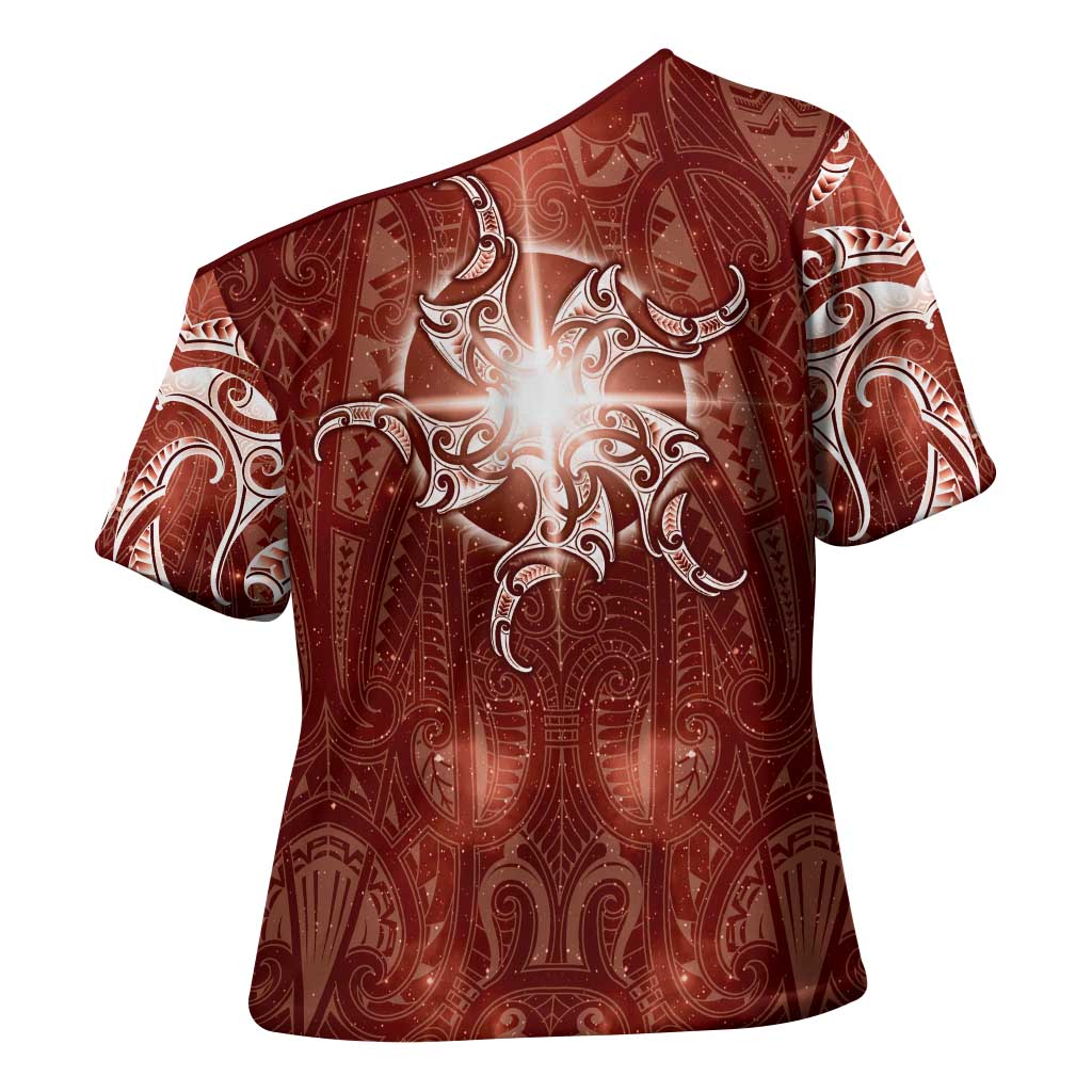 New Zealand Matariki Pohutukawa Cross Shoulder Shirt Maori Moko Red Galaxy