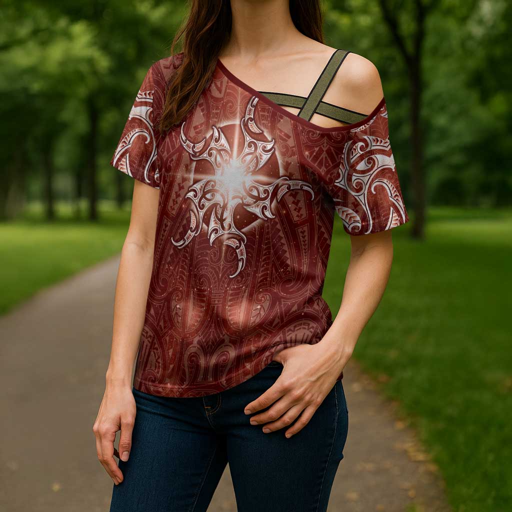 New Zealand Matariki Pohutukawa Cross Shoulder Shirt Maori Moko Red Galaxy