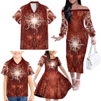 New Zealand Matariki Pohutukawa Family Matching Off The Shoulder Long Sleeve Dress and Hawaiian Shirt Maori Moko Red Galaxy
