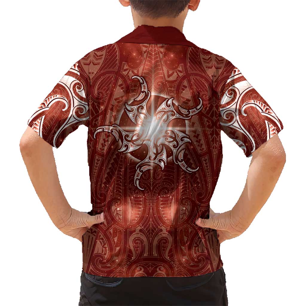 New Zealand Matariki Pohutukawa Family Matching Off The Shoulder Long Sleeve Dress and Hawaiian Shirt Maori Moko Red Galaxy