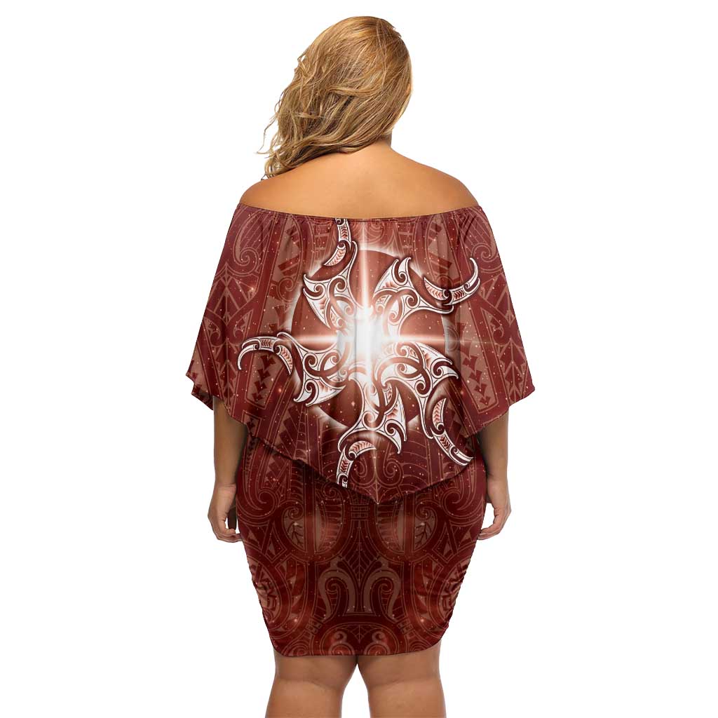 New Zealand Matariki Pohutukawa Family Matching Off Shoulder Short Dress and Hawaiian Shirt Maori Moko Red Galaxy
