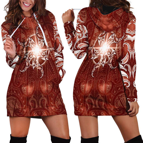 New Zealand Matariki Pohutukawa Hoodie Dress Maori Moko Red Galaxy