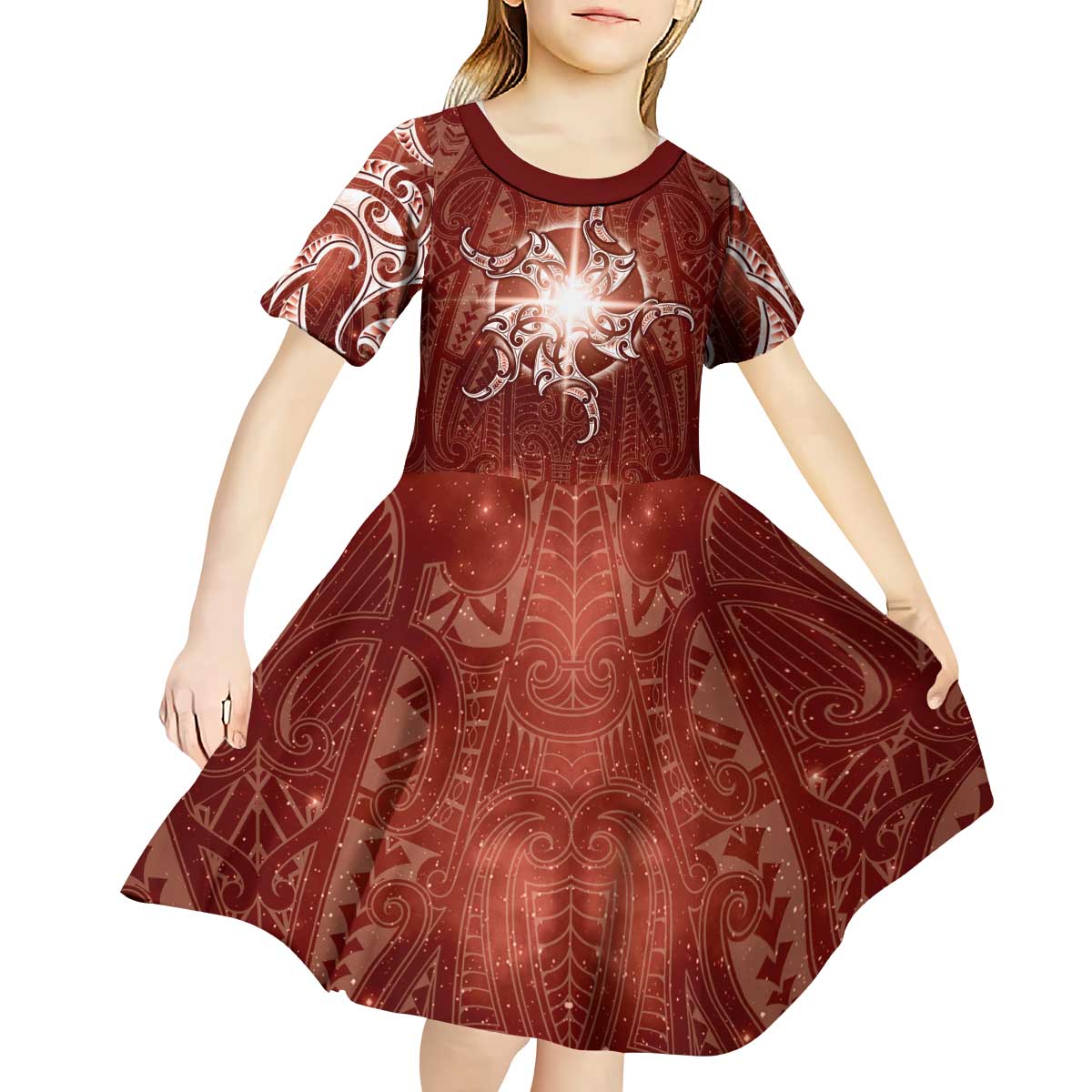 New Zealand Matariki Pohutukawa Kid Short Sleeve Dress Maori Moko Red Galaxy