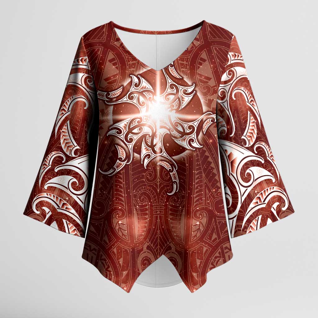 New Zealand Matariki Pohutukawa Kimono Sleeve Blouse Maori Moko Red Galaxy