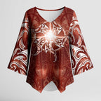 New Zealand Matariki Pohutukawa Kimono Sleeve Blouse Maori Moko Red Galaxy