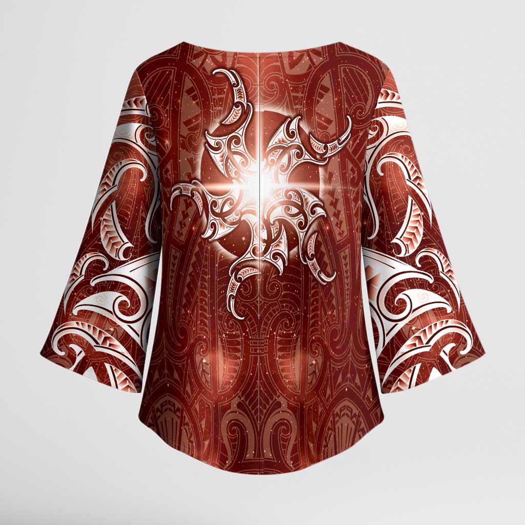 New Zealand Matariki Pohutukawa Kimono Sleeve Blouse Maori Moko Red Galaxy