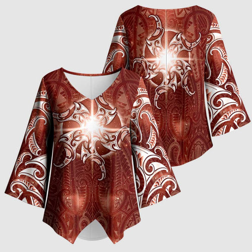 New Zealand Matariki Pohutukawa Kimono Sleeve Blouse Maori Moko Red Galaxy