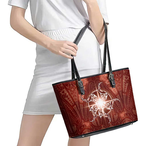 New Zealand Matariki Pohutukawa Leather Tote Bag Maori Moko Red Galaxy