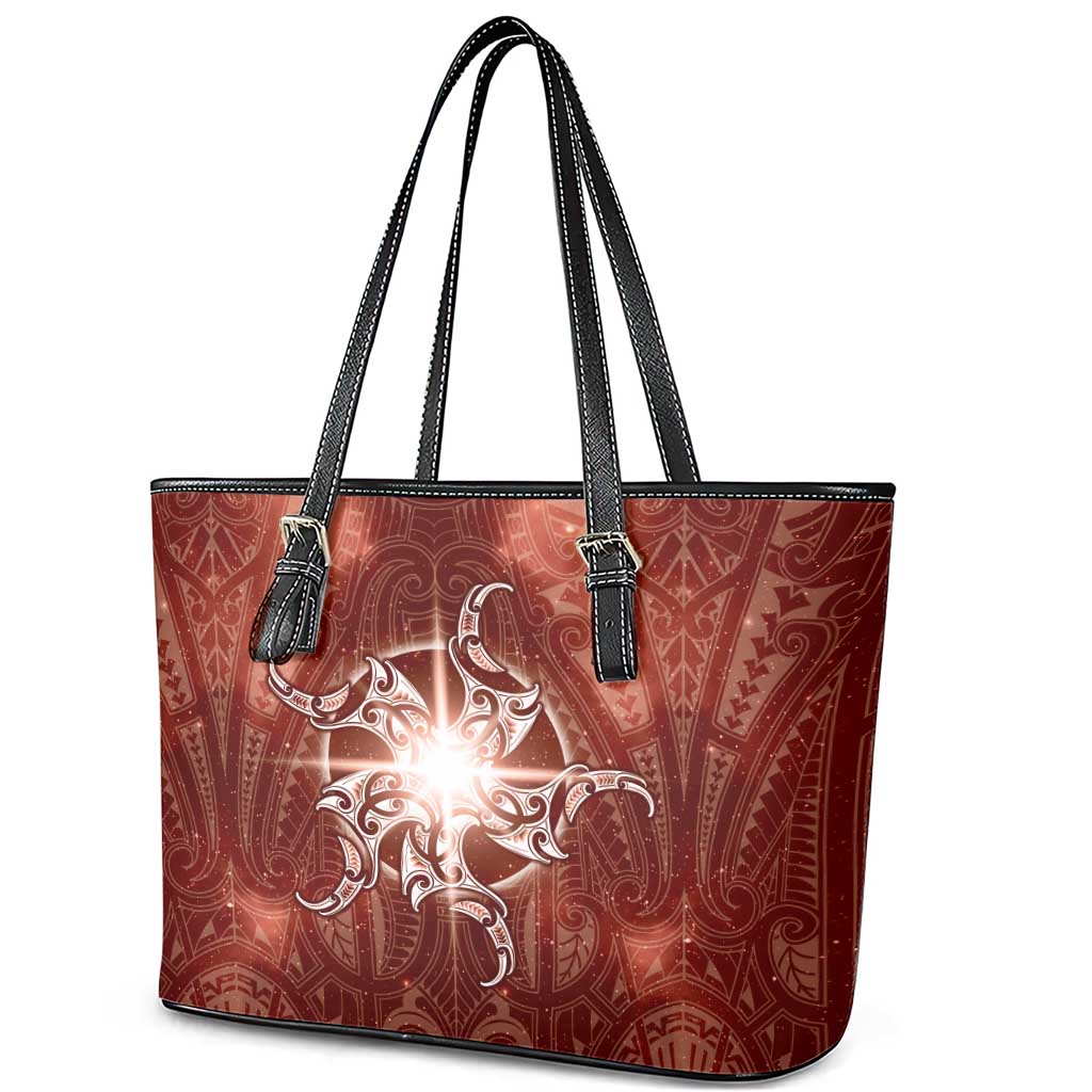 New Zealand Matariki Pohutukawa Leather Tote Bag Maori Moko Red Galaxy