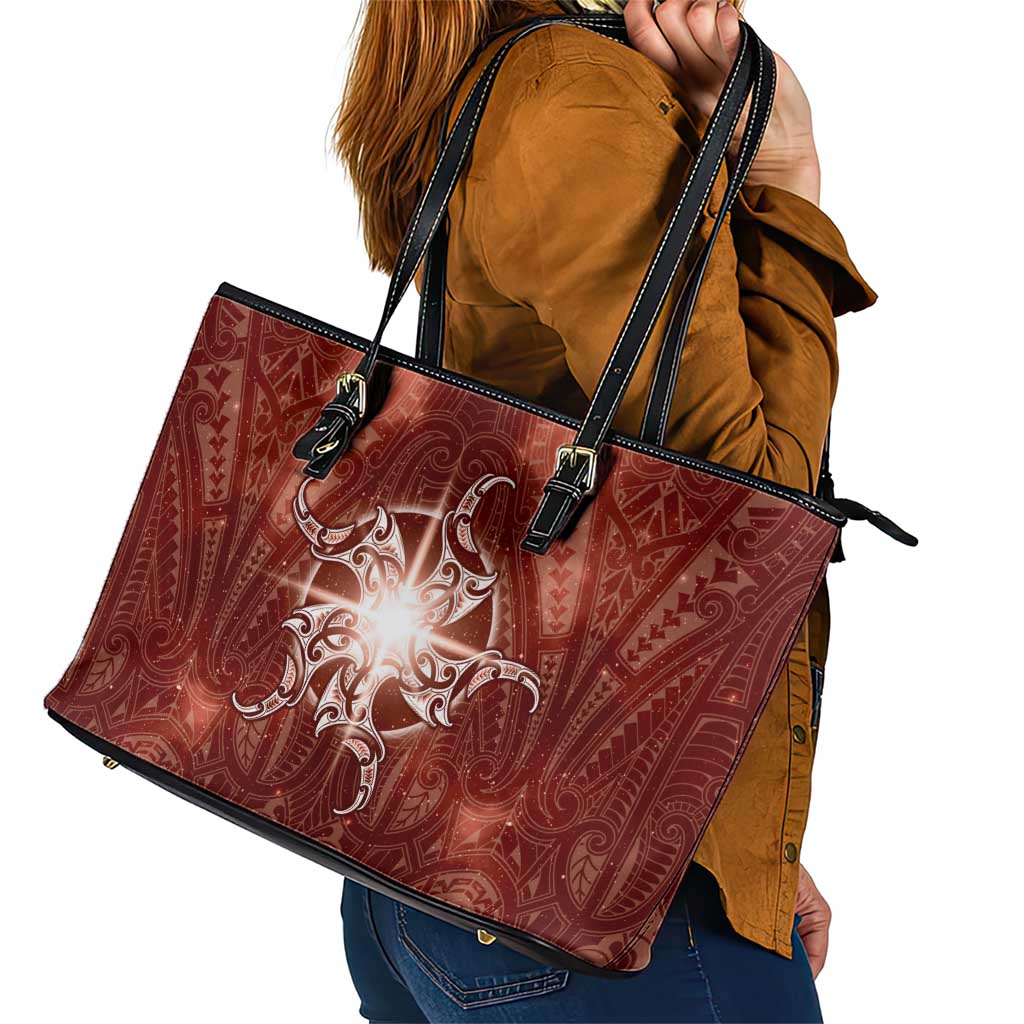 New Zealand Matariki Pohutukawa Leather Tote Bag Maori Moko Red Galaxy