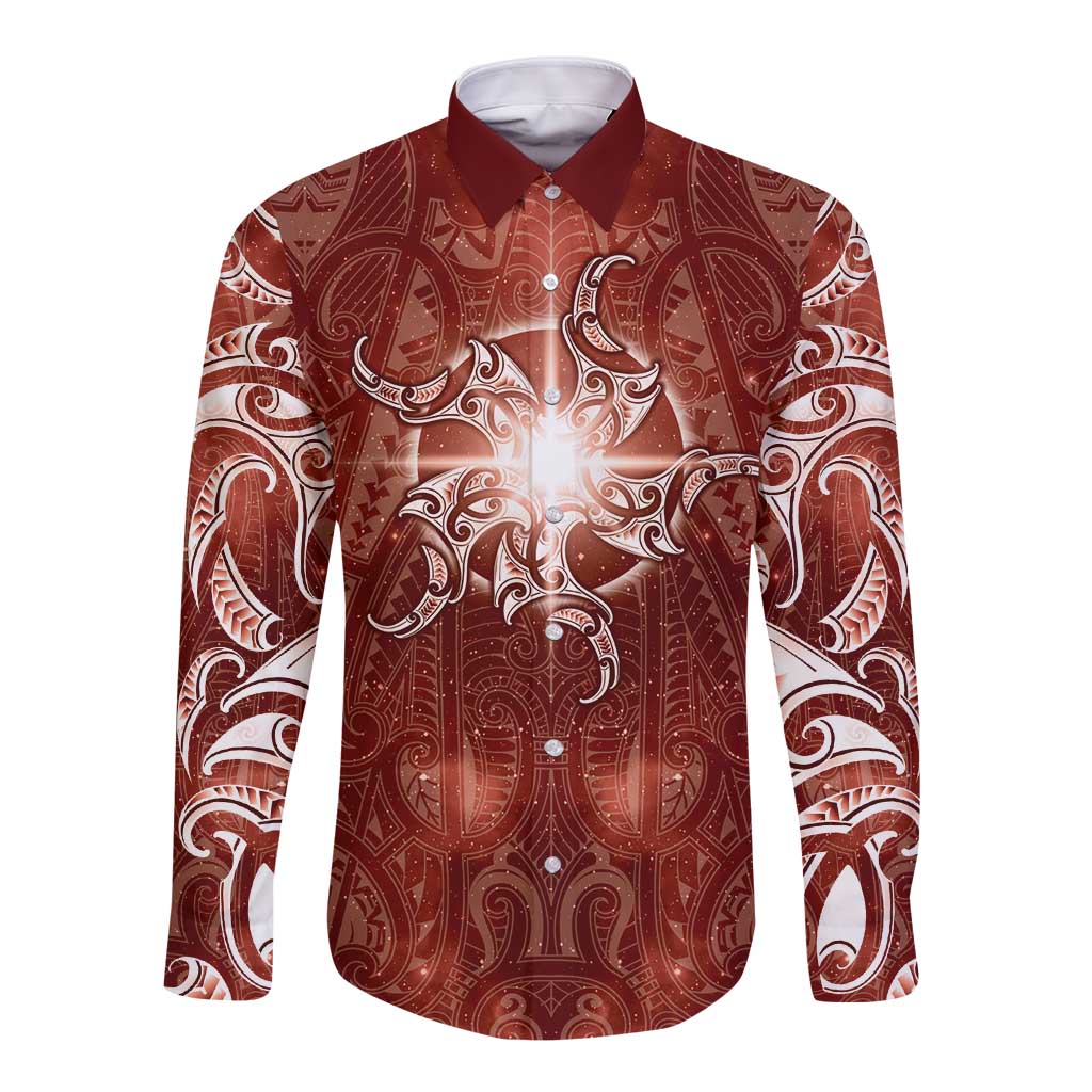 New Zealand Matariki Pohutukawa Long Sleeve Button Shirt Maori Moko Red Galaxy