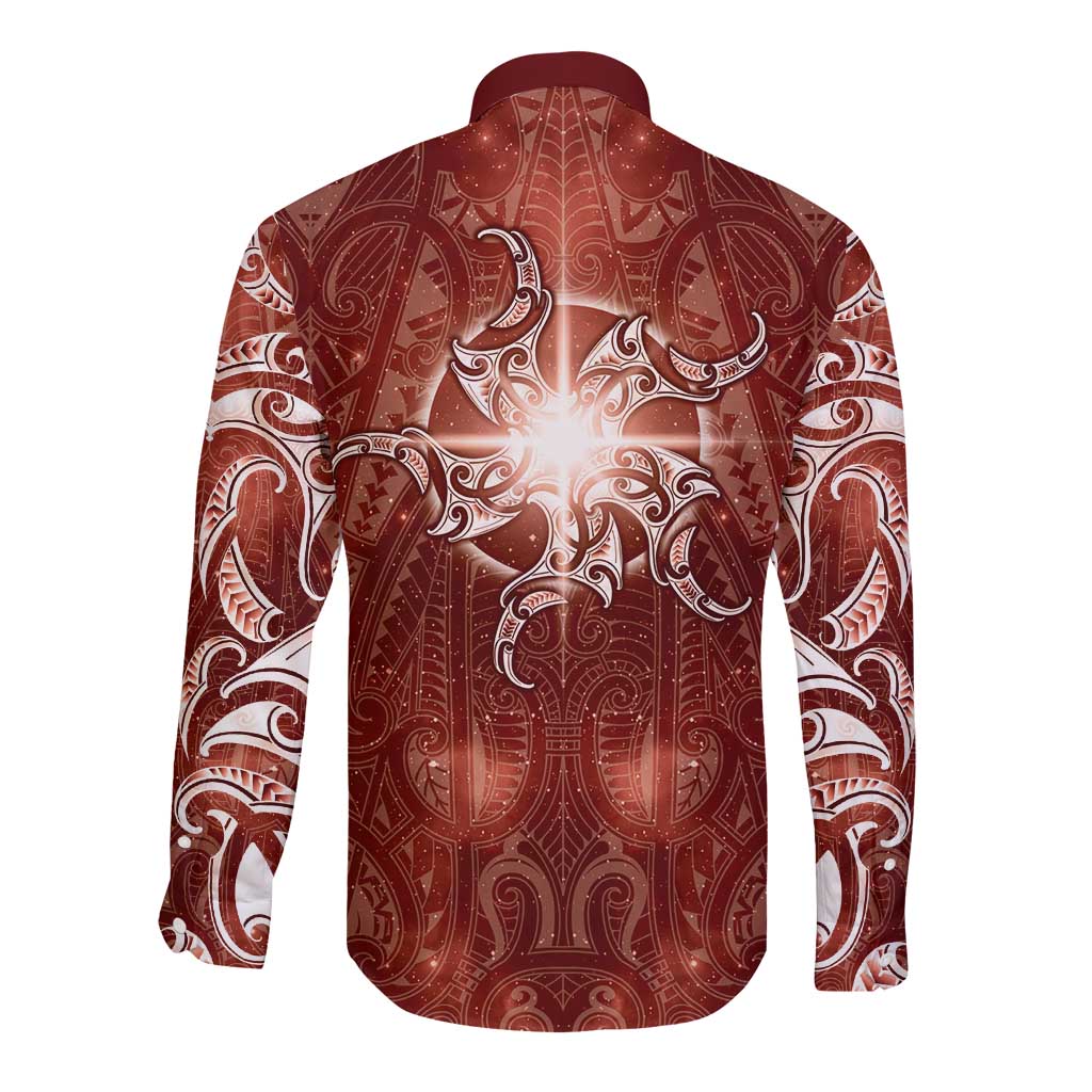 New Zealand Matariki Pohutukawa Long Sleeve Button Shirt Maori Moko Red Galaxy