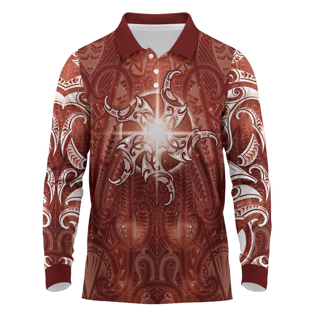 New Zealand Matariki Pohutukawa Long Sleeve Polo Shirt Maori Moko Red Galaxy