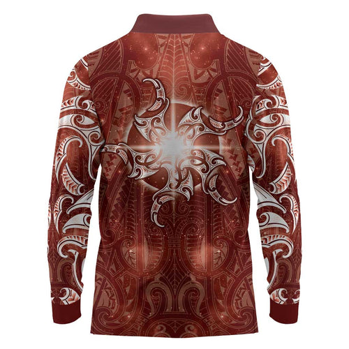 New Zealand Matariki Pohutukawa Long Sleeve Polo Shirt Maori Moko Red Galaxy