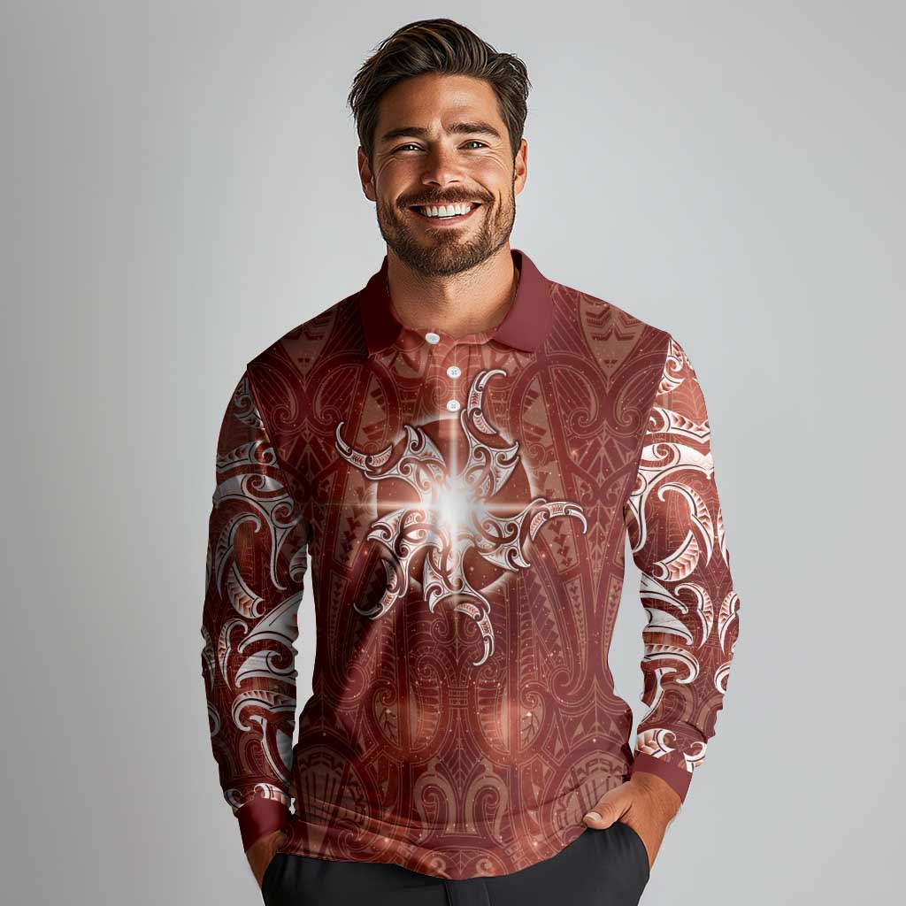New Zealand Matariki Pohutukawa Long Sleeve Polo Shirt Maori Moko Red Galaxy