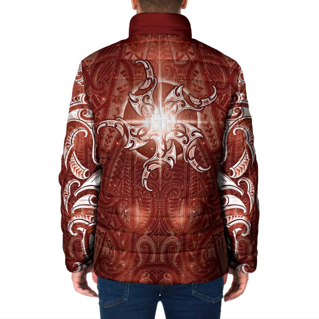 New Zealand Matariki Pohutukawa Padded Jacket Maori Moko Red Galaxy