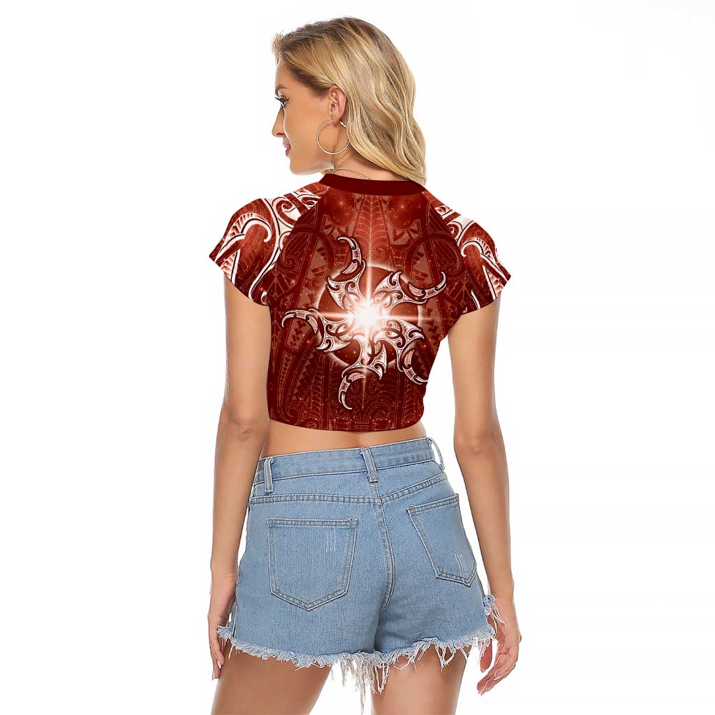 New Zealand Matariki Pohutukawa Raglan Cropped T Shirt Maori Moko Red Galaxy