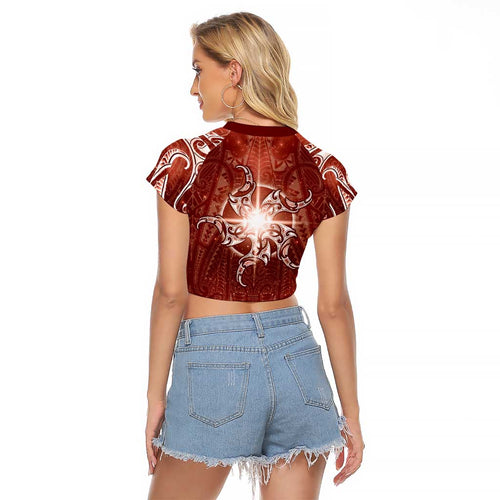New Zealand Matariki Pohutukawa Raglan Cropped T Shirt Maori Moko Red Galaxy