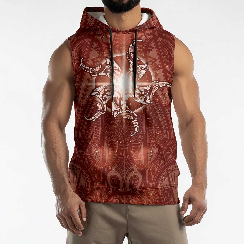 New Zealand Matariki Pohutukawa Sleeveless Hoodie Maori Moko Red Galaxy