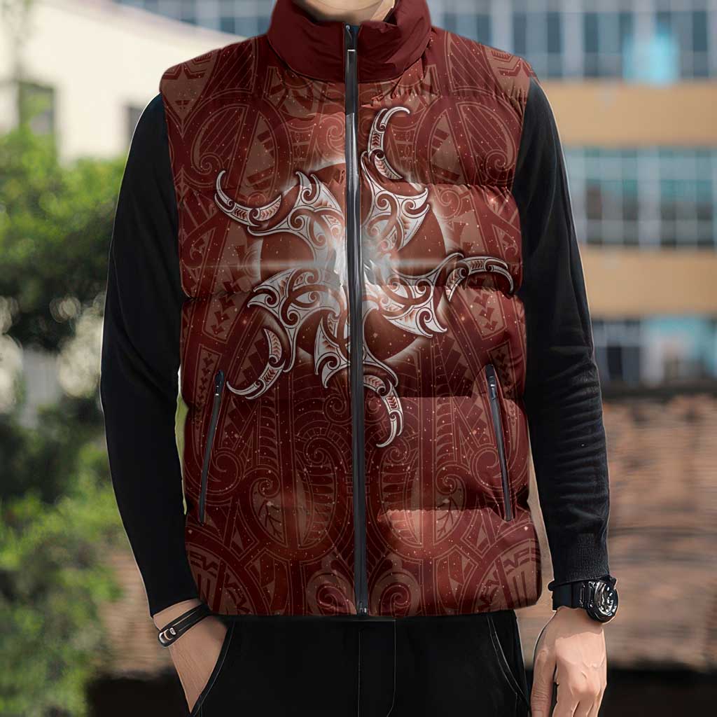 New Zealand Matariki Pohutukawa Sleeveless Puffer Jacket Maori Moko Red Galaxy