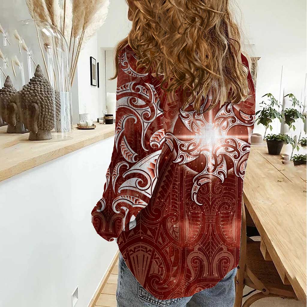 New Zealand Matariki Pohutukawa Women Casual Shirt Maori Moko Red Galaxy