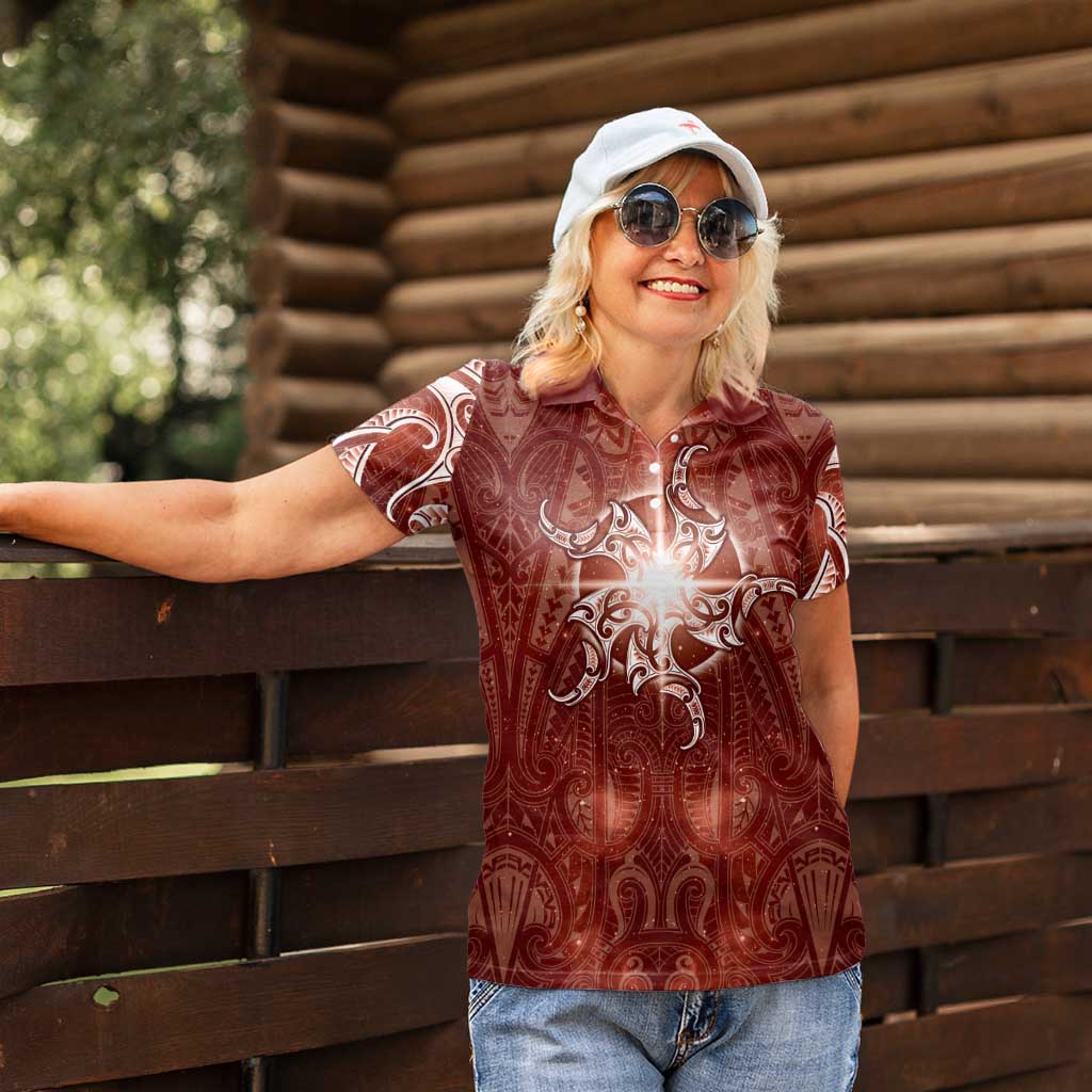 New Zealand Matariki Pohutukawa Women Polo Shirt Maori Moko Red Galaxy