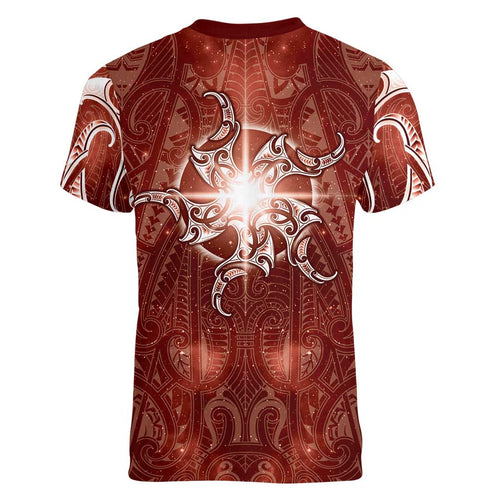 New Zealand Matariki Pohutukawa Women V-Neck T-Shirt Maori Moko Red Galaxy
