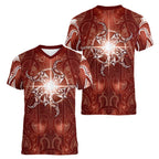 New Zealand Matariki Pohutukawa Women V-Neck T-Shirt Maori Moko Red Galaxy
