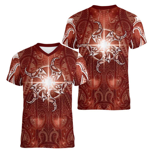 New Zealand Matariki Pohutukawa Women V-Neck T-Shirt Maori Moko Red Galaxy