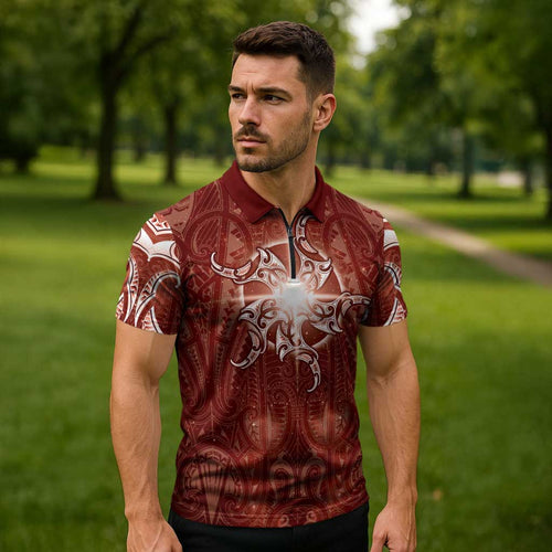 New Zealand Matariki Pohutukawa Zipper Polo Shirt Maori Moko Red Galaxy