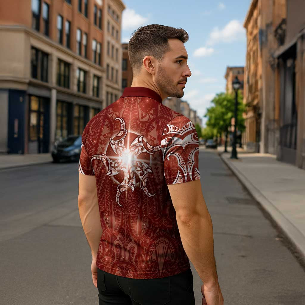 New Zealand Matariki Pohutukawa Zipper Polo Shirt Maori Moko Red Galaxy