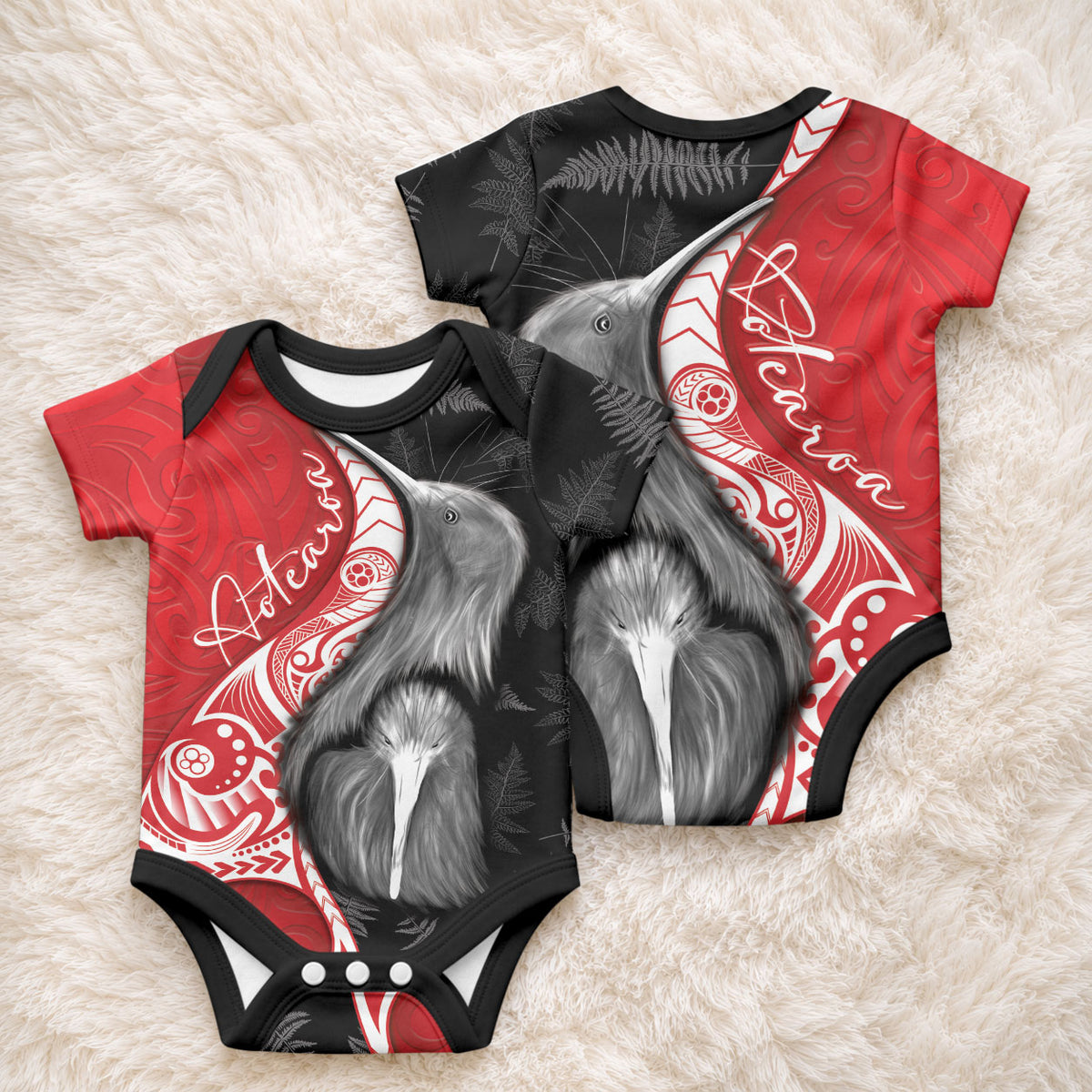 New Zealand Aotearoa Baby Onesie Kiwi Fern Maori Pattern Red Version