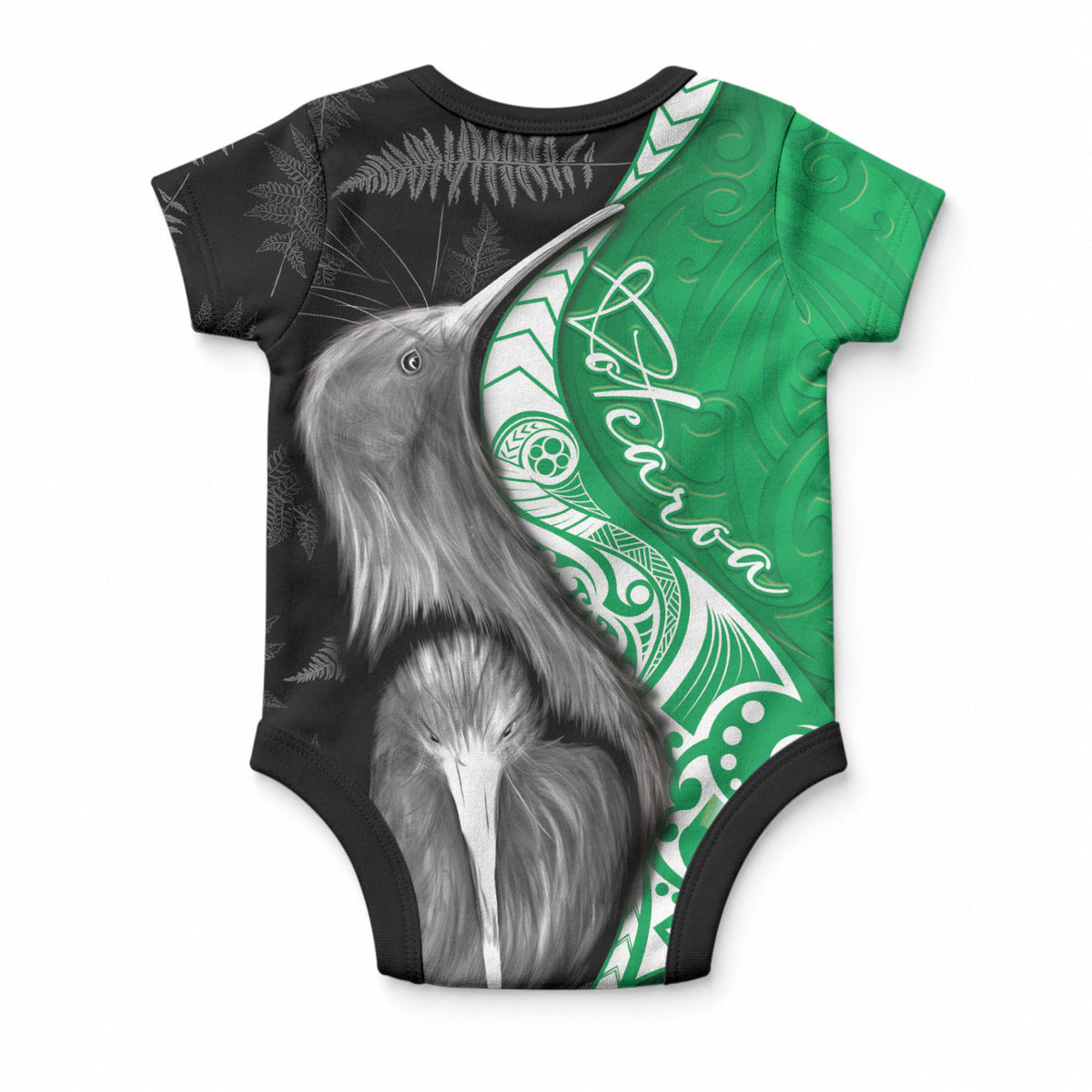 New Zealand Aotearoa Baby Onesie Kiwi Fern Maori Pattern Green Version