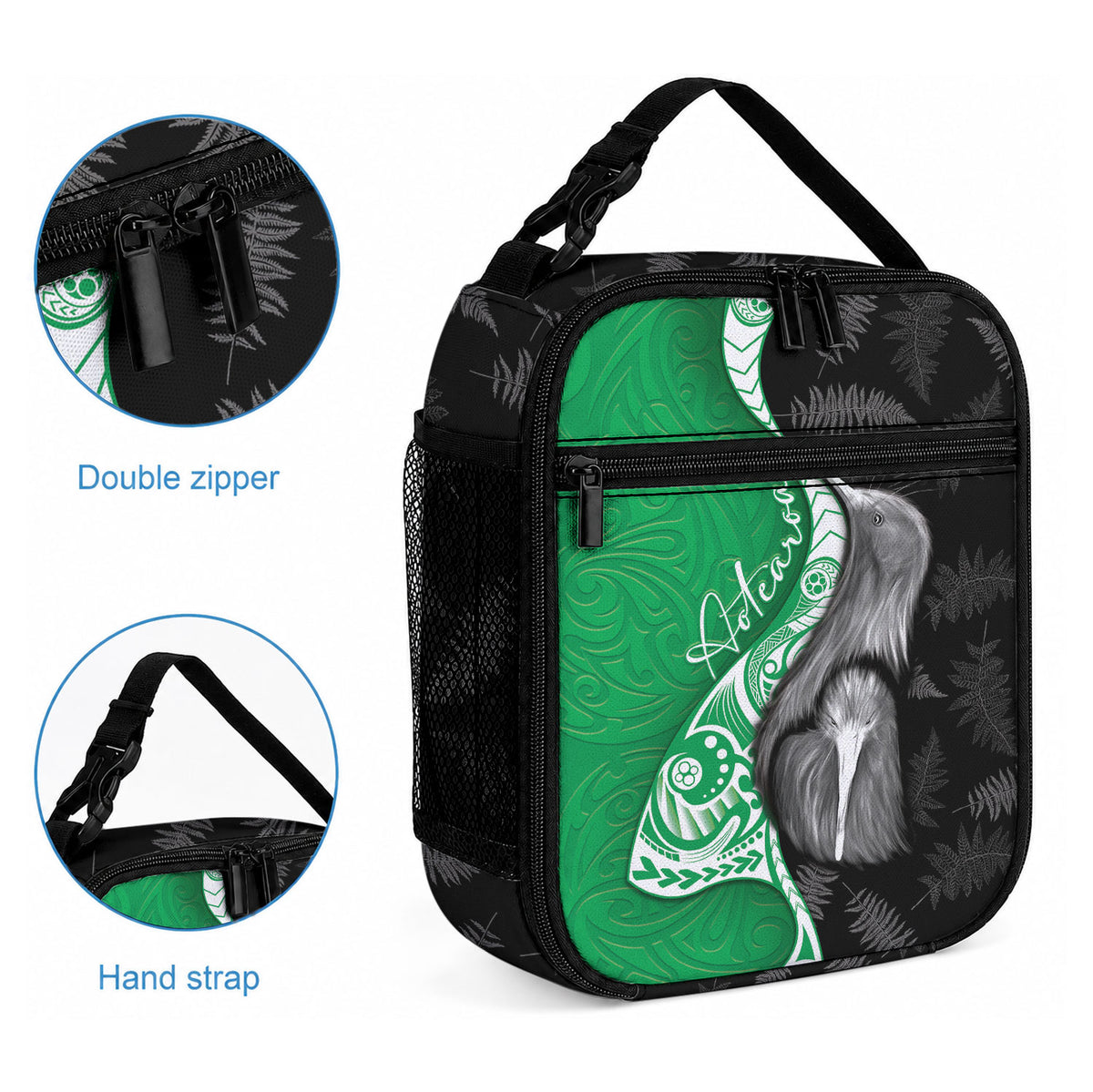 New Zealand Aotearoa Lunch Bag Kiwi Fern Maori Pattern Green Version