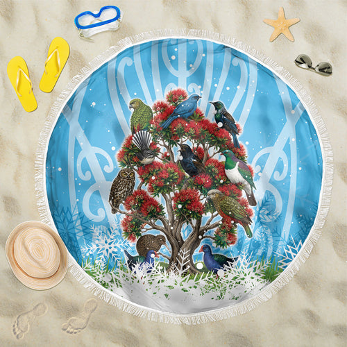 New Zealand Birds Christmas Beach Blanket Pohutukawa Xmas Tree