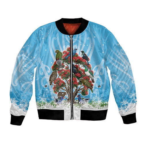 New Zealand Birds Christmas Bomber Jacket Pohutukawa Xmas Tree