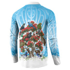 New Zealand Birds Christmas Button Sweatshirt Pohutukawa Xmas Tree