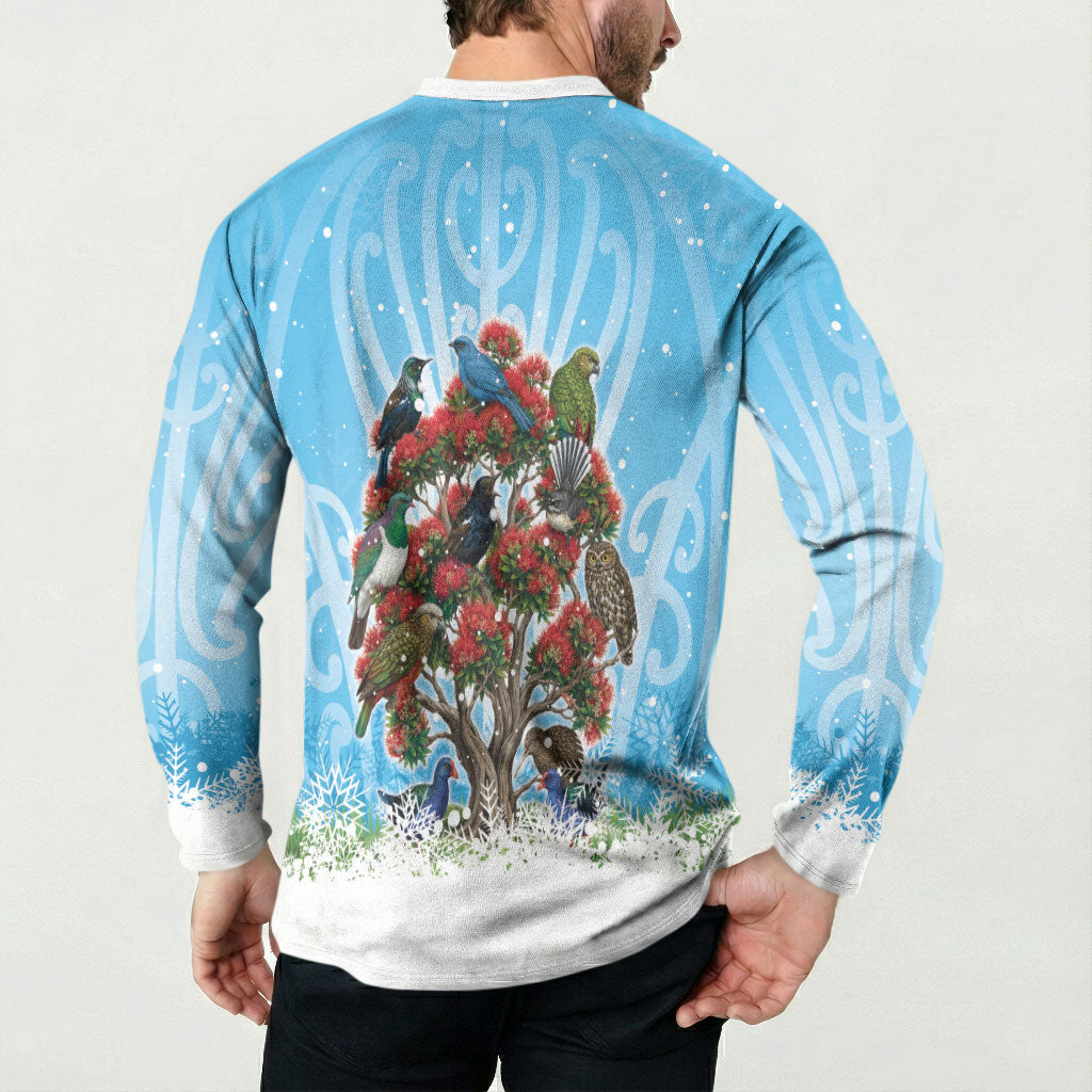 New Zealand Birds Christmas Button Sweatshirt Pohutukawa Xmas Tree